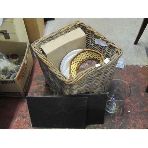 90 - Wicker Basket with Slate Place Mats, Plates & Glass Vase.