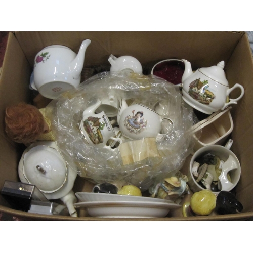 91 - Box of China to Include Small Tea Pots, Pens, Commemorative Ware, Figures etc.