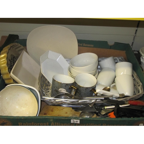 30 - Box to Include Cutlery, White Table Ware, Wicker Basket etc.