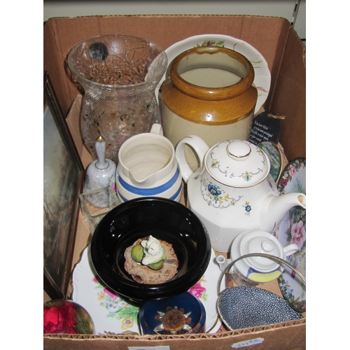 31 - Box of Assorted China, Earthenware Jar, Teapot, Figures, Glass Vase etc.