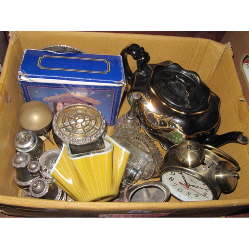 34 - Box to Include Alarm Clock, Handkerchief Vase, Teapot, Plated Ware etc.