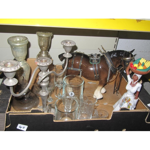40 - Box of Figures, Candle Holders, Shire Horse etc.