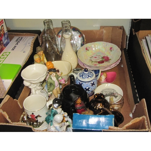 45 - Box of China, Figures, Old Glass Milk Bottles, Bowls, Lustre Basket etc.