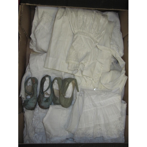 49 - Box of Antique Vintage Baby Gowns, Christening Robes and 1930's Baby Shoes.