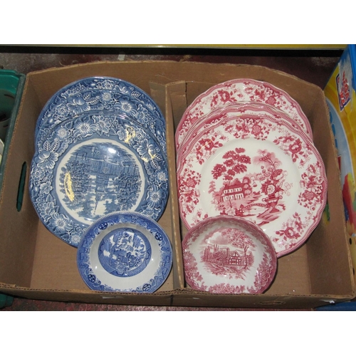 59 - Box of Ironstone Blue & White Plates & Myott Bowls, Ironstone Red & White Plates & Myott Bowls.