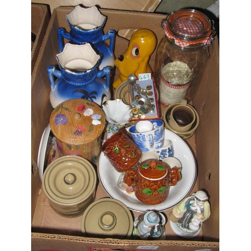 106 - Box to Include Pottery Items, Kilner Storage Jar, Pair of Double Handled Vases etc.