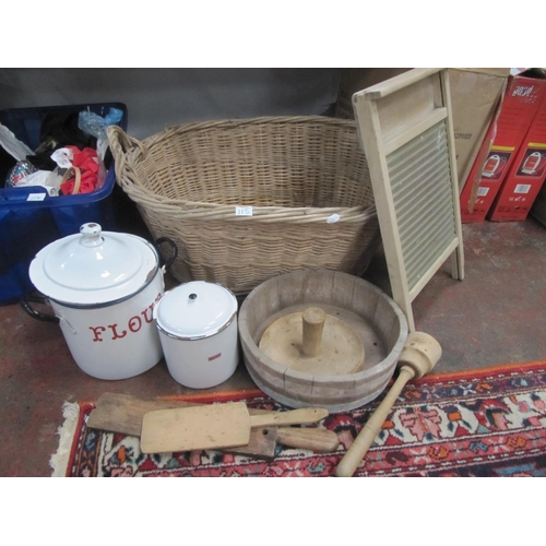 115 - Wicker Basket with Vintage Washboard, Butter Paddles, Enamel Flour Bin etc.