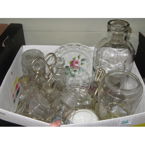 26 - Box to Include Glass Jars, Condiment Set on Stand, Ribbon Plate etc.