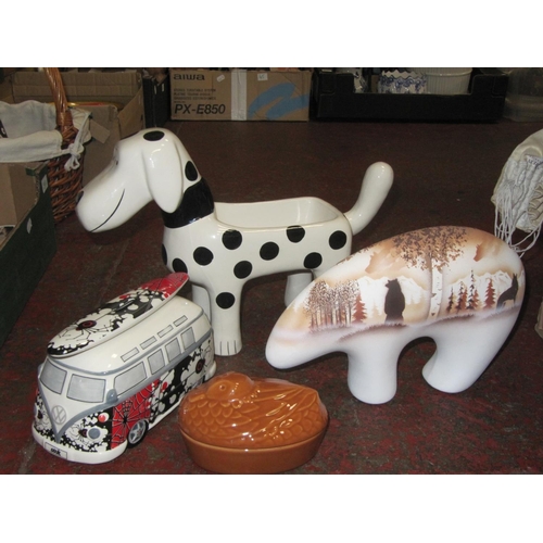 27 - Box to Include Tin VW Camper Van Money Box, Large Spotty Dog Plant Holder, Ornamental Bear & Duck on... 