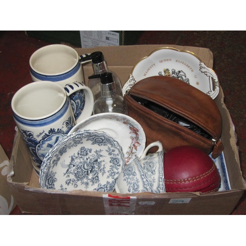 29 - Small Box of China to Include Blue & White Tankards, Shoe Shine Kit etc.