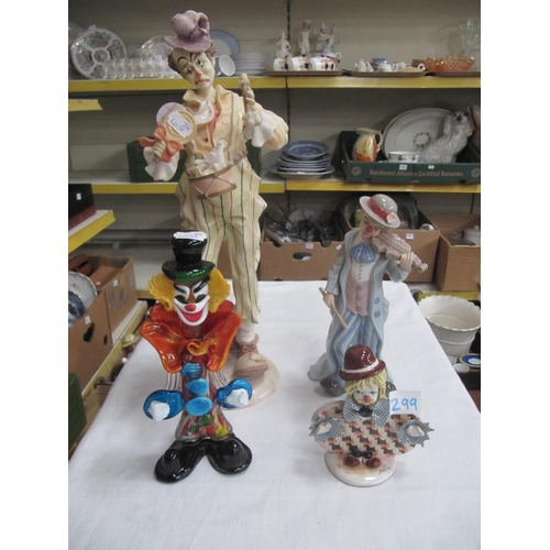 299 - Four Clown Figures - One Murano Glass & One Leonardo Collection.