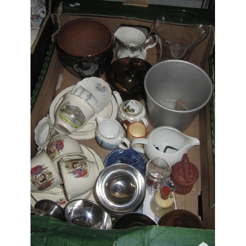 33 - Box to Include Commemorative China, Stainless Sundae Dishes, Vase, Jugs etc.