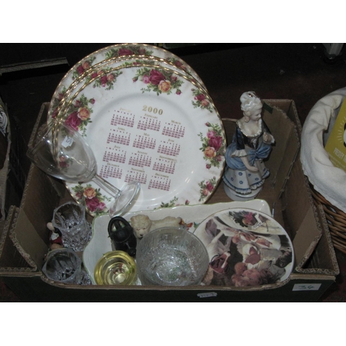 34 - Box to Include Plates, Roya Albert China, Figures, Candle Holders etc.