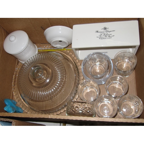 51 - Box of Glass Ware Including Large Glass Cake Plate with Cover, Tumbler Glasses etc.