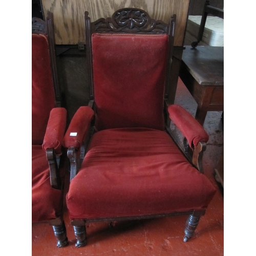 627 - Pair of Carved Oak Upholstered Victorian Library Chairs.