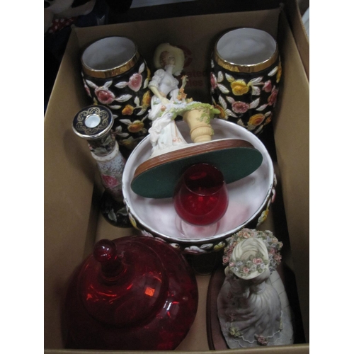 90 - Box to Include Figures, Vases, Red Glass Lidded Stemmed Dish etc.