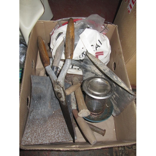 105 - Box of Assorted Tools, Shovels, Bird Feeder etc.