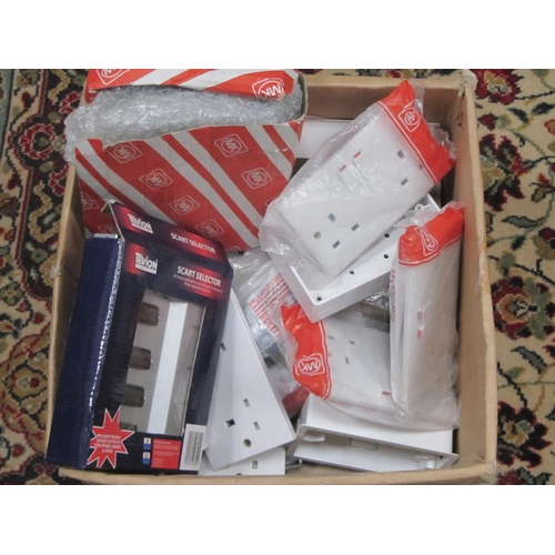 115 - Box of NEW Electrical Plug Sockets and SCART Selector in Box etc.