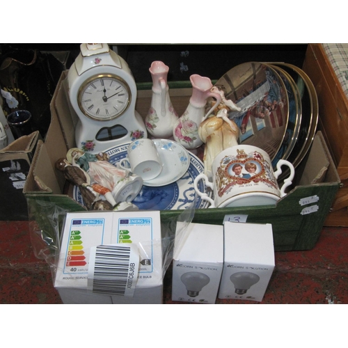 13 - Box of China Plates, Ornaments, NEW Light Bulbs etc.