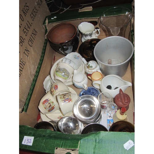 132 - Box to Include Commemorative Trio's, Stainless Fruit Dishes, China etc.