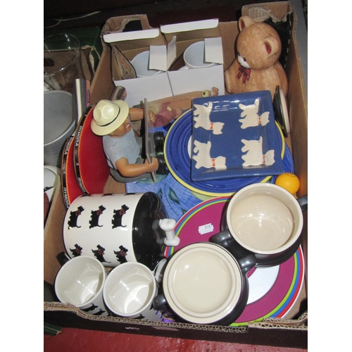 133 - Box of Assorted China to Include Scottie Dog Storage Jars, Boxed Mug Sets etc.