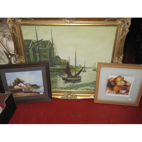 134 - Three Various Pictures Includes Large Ship Scene Picture in Gilt Frame.