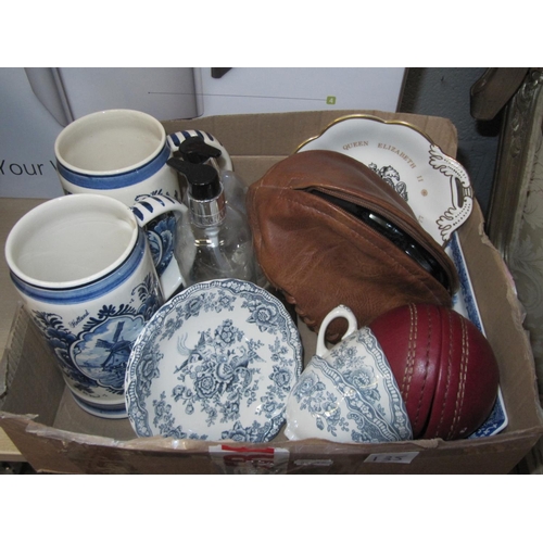 135 - Small Box of China To Include Crown Ducal, Delfts Blue Tankards etc.