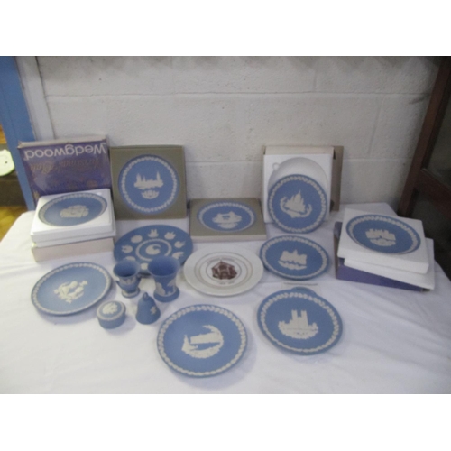 141 - Box of Boxed Wedgwood Collectable Plates along with Blue & White Wedgwood Jasper Ware.