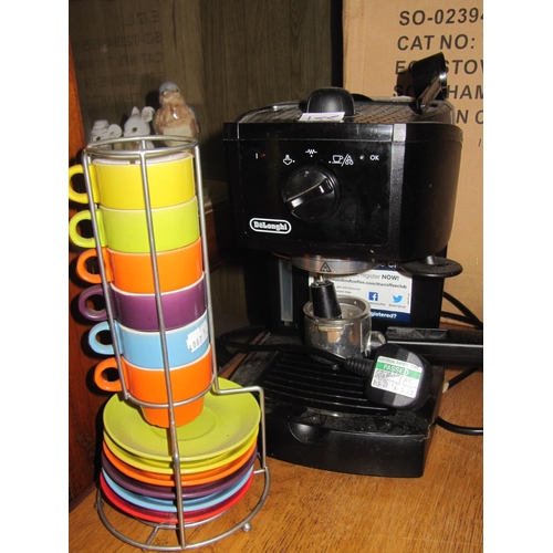 155 - Delonghi Electric Coffee Machine & Colourful Cups in Stand.