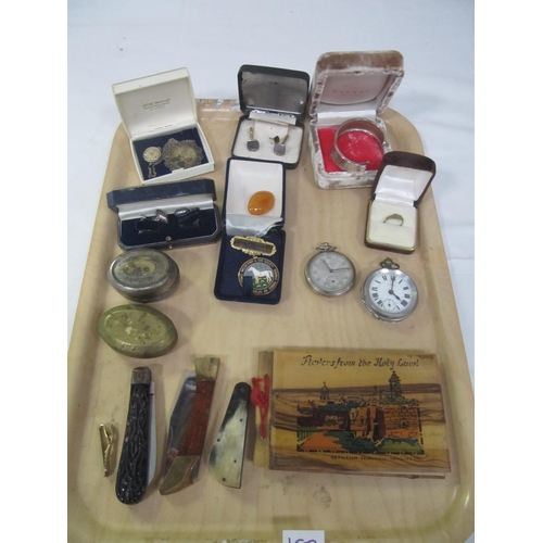 183 - Tray of Costume Jewellery, Pocket Watches, Book of Pressed Flowers, Penknives etc.