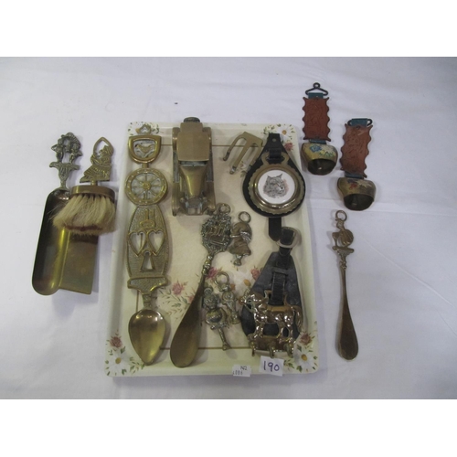 190 - Tray of Assorted Brassware to Include Model Car, Crumb Brush, Cow Bells etc.