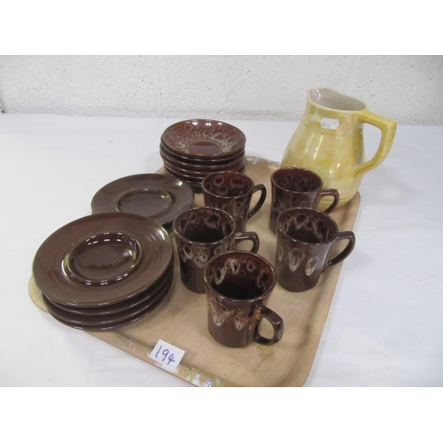 194 - Tray Of Brown Pottery Tea Set & Yellow Govencroft Lustred Jug etc.