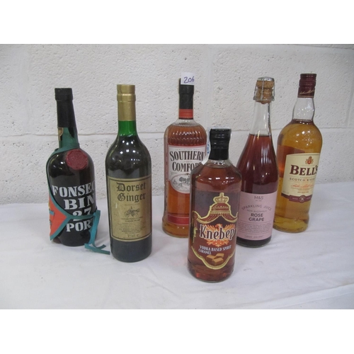 206 - Selection of Alcohol - Bells Scotch Whiskey, Rose Wine, Port, Southern Comfort, Vodka Caramel Spirit... 