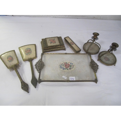 214 - Vintage Brass & Glass Dressing Table Set.