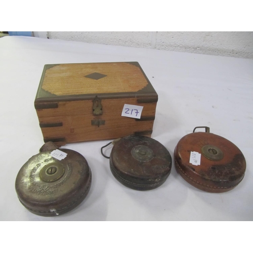 217 - Three Vintage Measuring Tapes & Wooden Box.