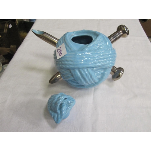 280 - Ball of Blue Wool & Knitting Needles Novelty Teapot.