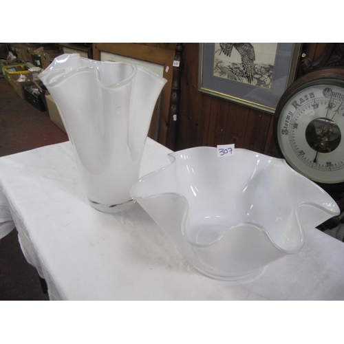 307 - Large White Wavy Bowl & Matching Vase.