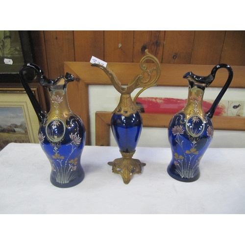 322 - Pair of Hand Blown & Decorated Bristol Blue Glass Jugs along with Bristol Blue Glass Ewer with Brass... 