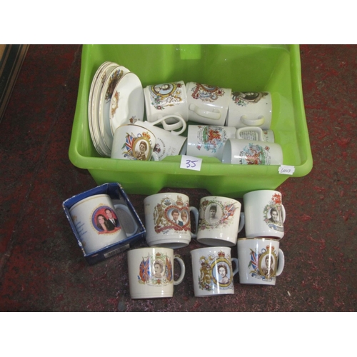 35 - Box of Assorted Commemorative Mugs & Plates.