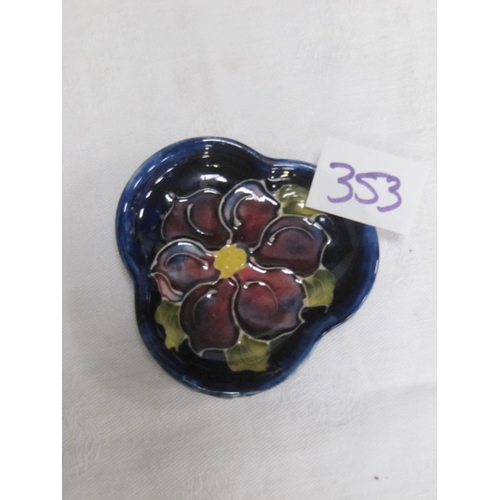 353 - Moorcroft Blue Ground Trefoil Clematis Pin Dish.