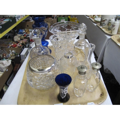 362 - Tray of Glass Ware Including Blue Glass Hand Decorated Vase, Decanters etc.