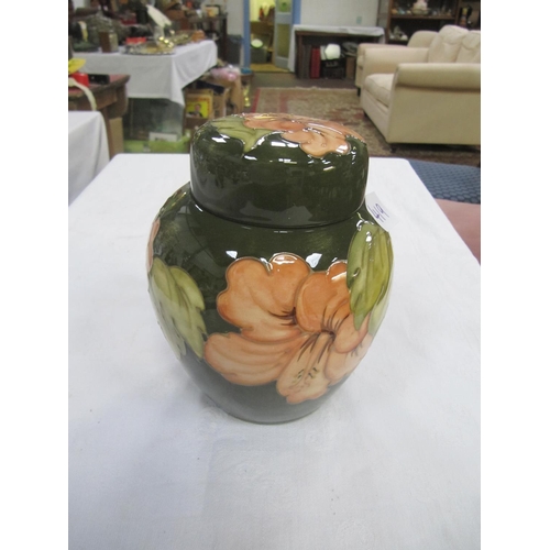 419 - Moorcroft Green Ground Hibiscus Ginger Jar & Cover Height c.16cm.