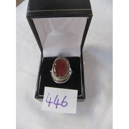 446 - Marked Silver & Amber Ladies Ring - size P.