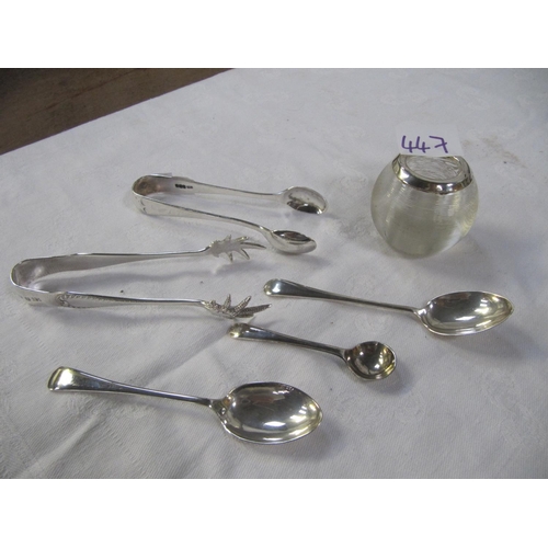 447 - 3 Silver Hallmarked Spoons, 2 Hallmarked Silver Sugar Tongs &  Glass Hallmarked Silver Rimmed Pot.