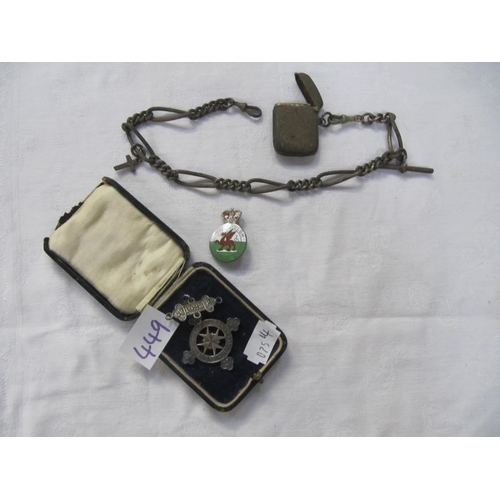 449 - Hallmarked Silver Vesta Case on Pocket Chain, Royal Welsh Agricultural Society Badge & St Johns 1914... 