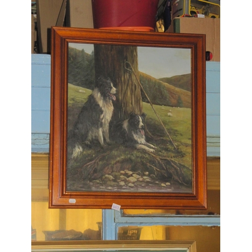 463 - Framed Oil on Board of Working Sheep Dogs Signed A Bowler.