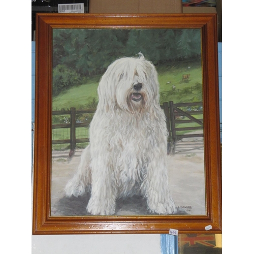 464 - Framed Old English Sheepdog Oil on Board Painting Signed A Bowler.