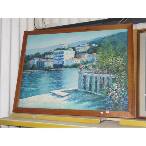 484 - Very Large Mediterranean Scene Pine Framed Oil on Canvas Signed N Donton.