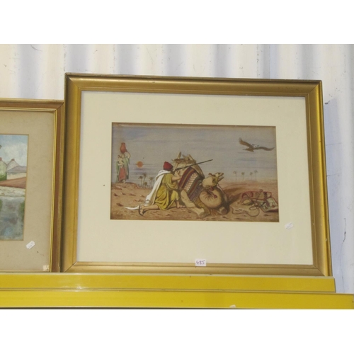 485 - Large Watercolour Egyptian by Camel Shooting Bird in Gilt Frame.