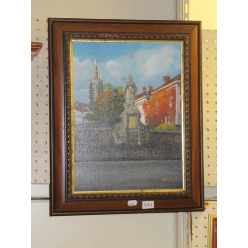 497 - Eric Yuill Signed Acrylic Continental Scene Statue & Church.